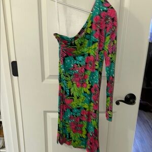 Lilly Pulitzer Pink Green One Shoulder Bodycon Mini Dress